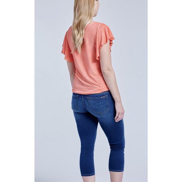 *NEW* Seven 7 Flutter Short Sleeve Tie Front T-Shirt Top Coral Orange Size XL - Picture 8 of 11